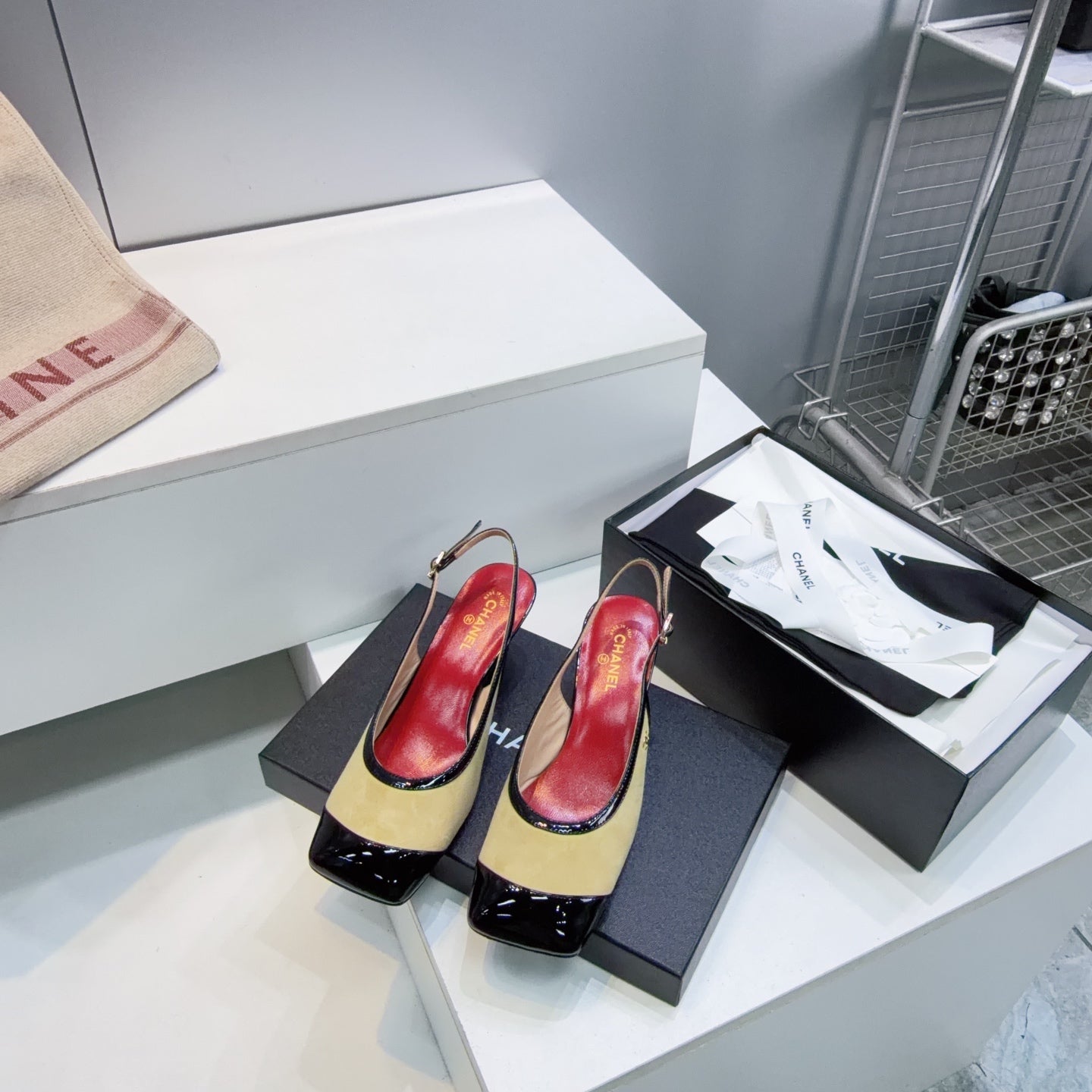 CHANEL 26S HIGH HEEL SLINGBACK PUMPS 65 MM IN BLACK LAMBSKIN AND BEIGE SUEDE