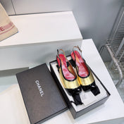 CHANEL 26S SLINGBACK PUMPS IN BLACK AND GOLD PATENT LAMBSKIN
