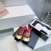 CHANEL 26S SLINGBACK PUMPS IN BLACK AND GOLD PATENT LAMBSKIN