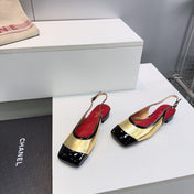 CHANEL 26S SLINGBACK PUMPS IN BLACK AND GOLD PATENT LAMBSKIN
