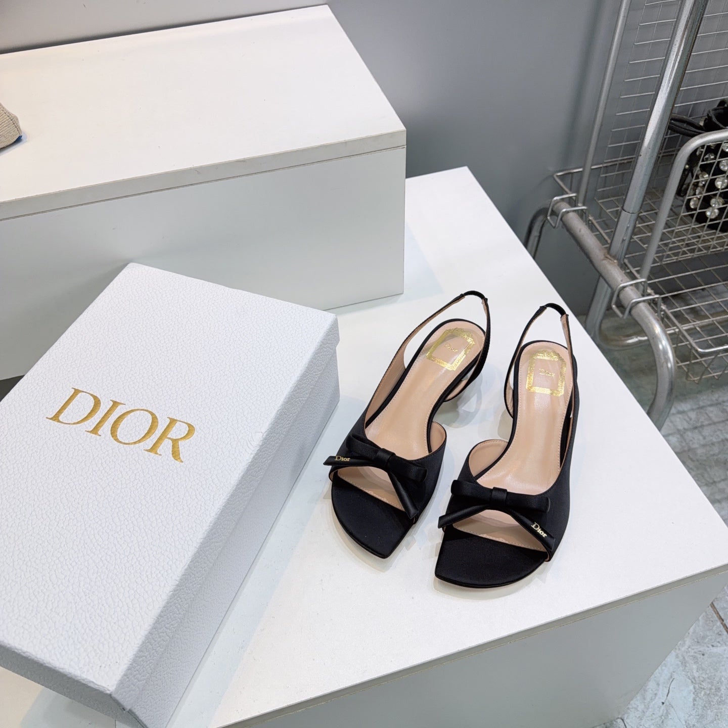 DIOR 26S BOW SLINGBACK SANDALS 45MM IN BLACK SATIN
