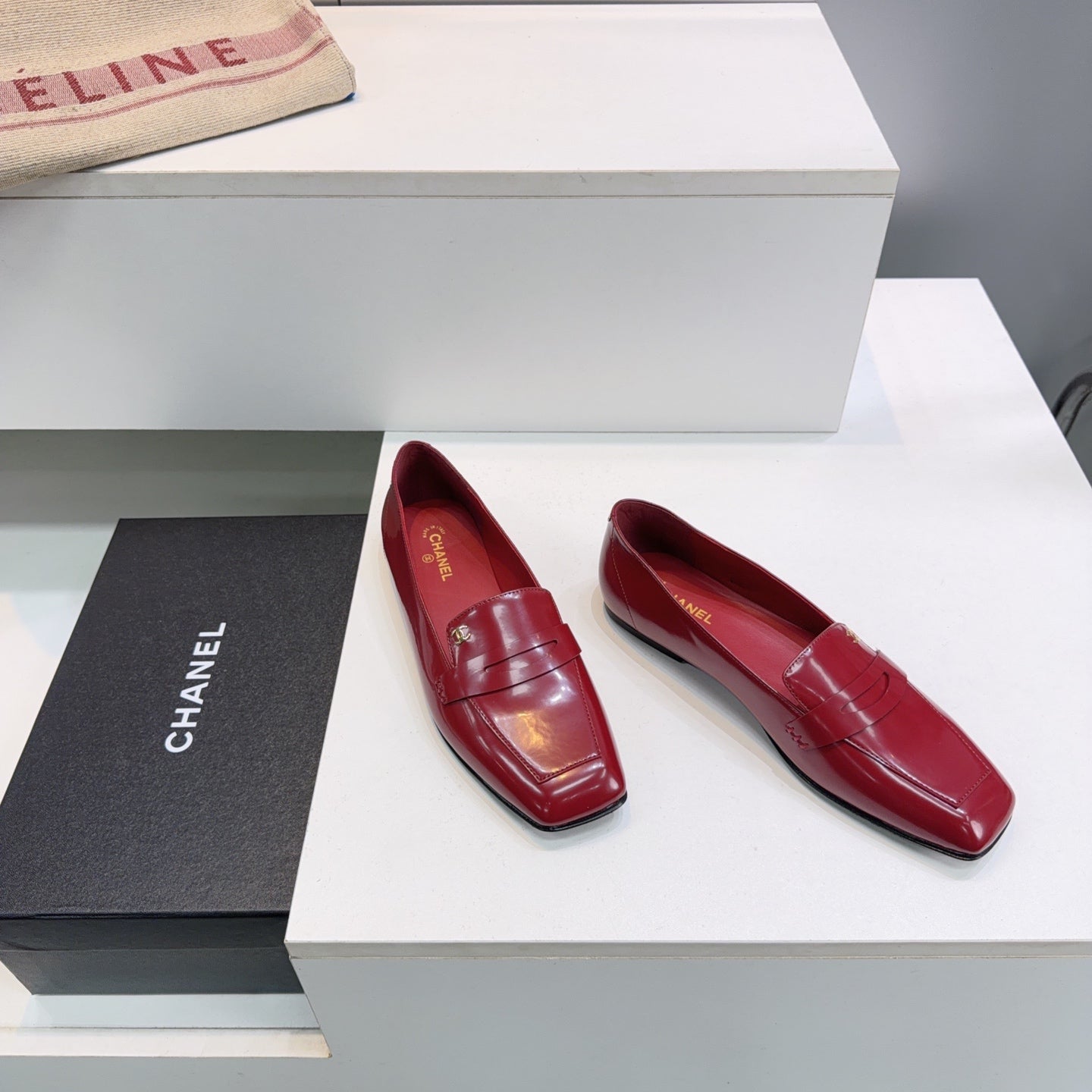 CHANEL 26S LOAFER FLATS IN BURGUNDY PATENT LAMBSKIN