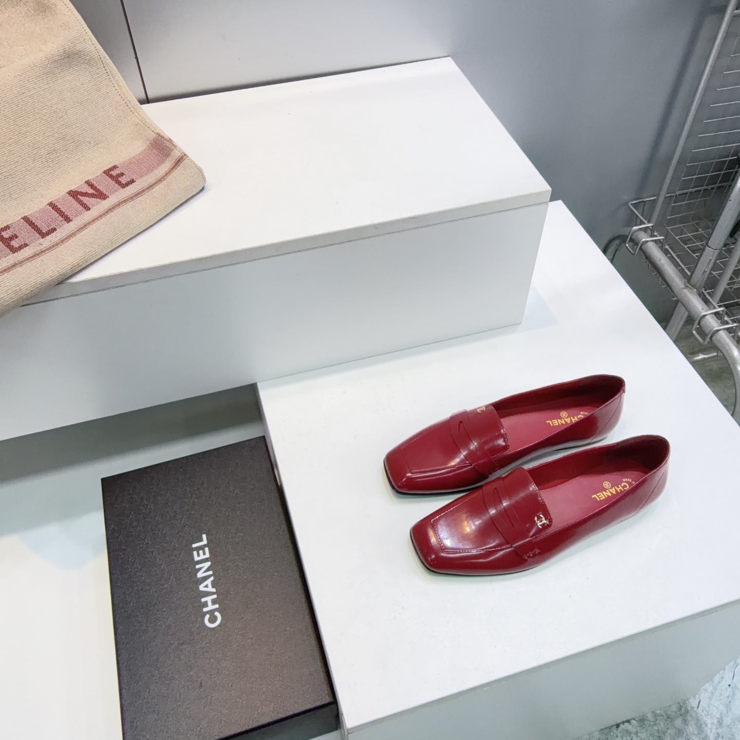 CHANEL 26S LOAFER FLATS IN BURGUNDY PATENT LAMBSKIN