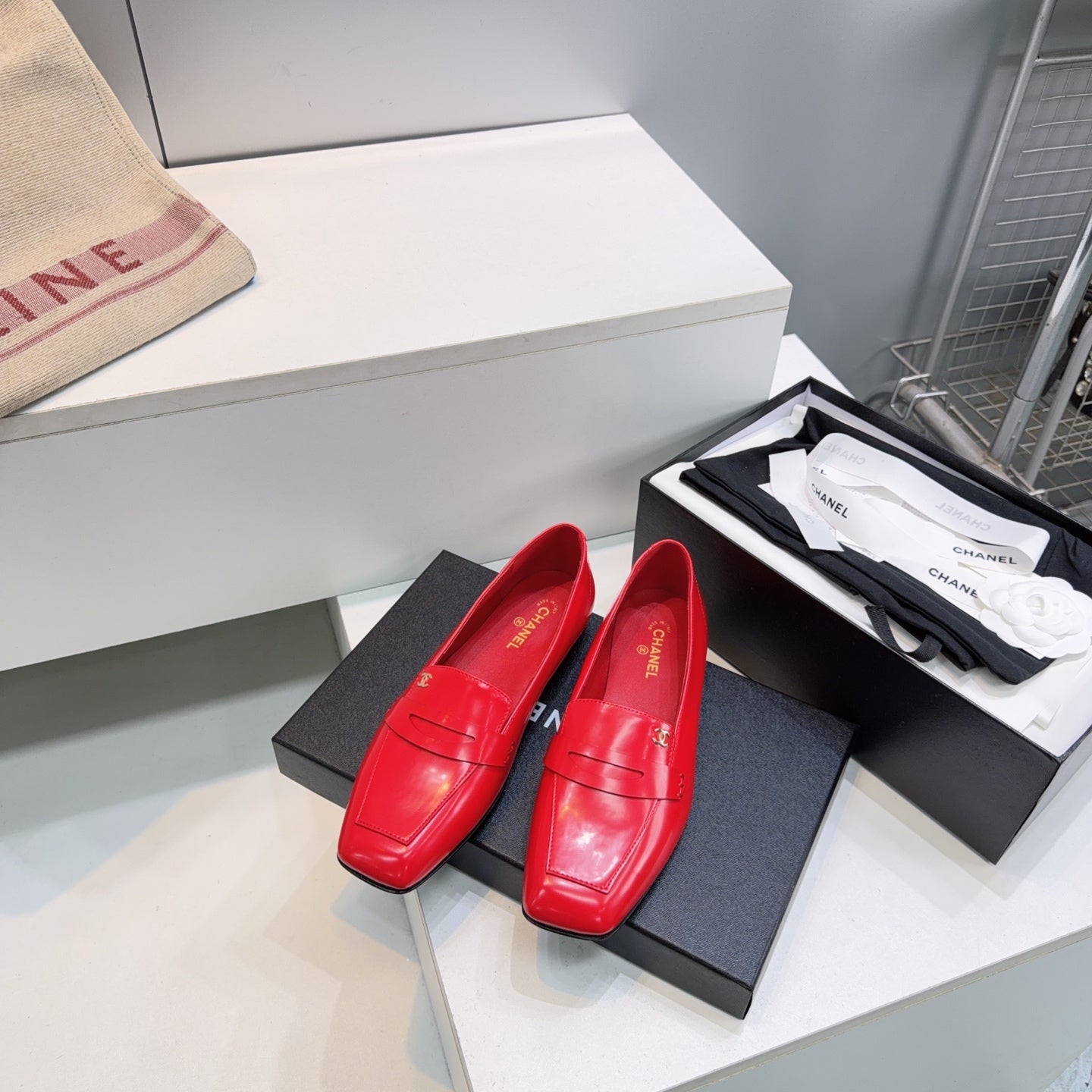 CHANEL 26S LOAFER FLATS IN DARK RED PATENT LAMBSKIN