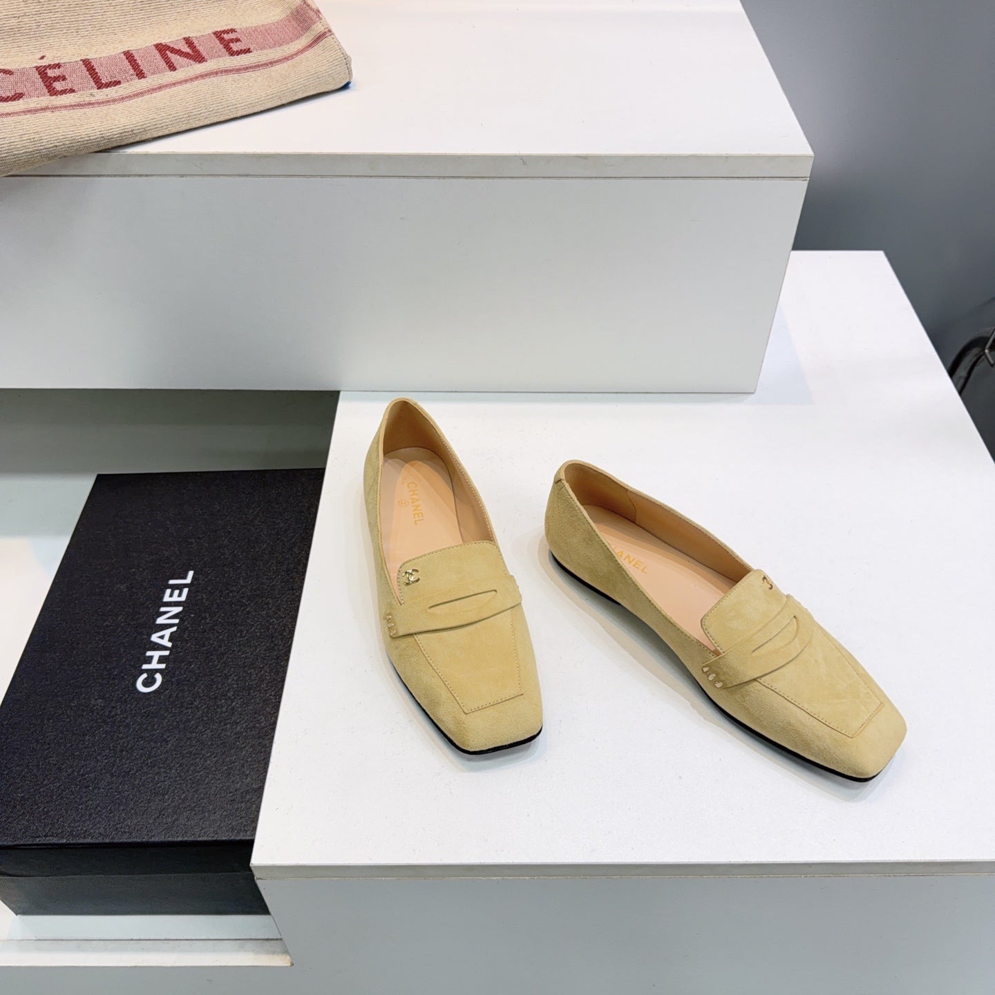 CHANEL 26S LOAFER FLATS IN BEIGE SUEDE