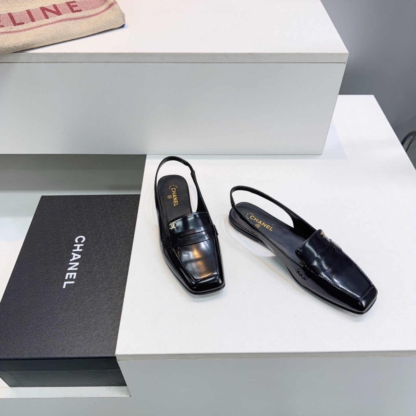 CHANEL 26S SLINGBACK FLATS IN BLACK PATENT LAMBSKIN