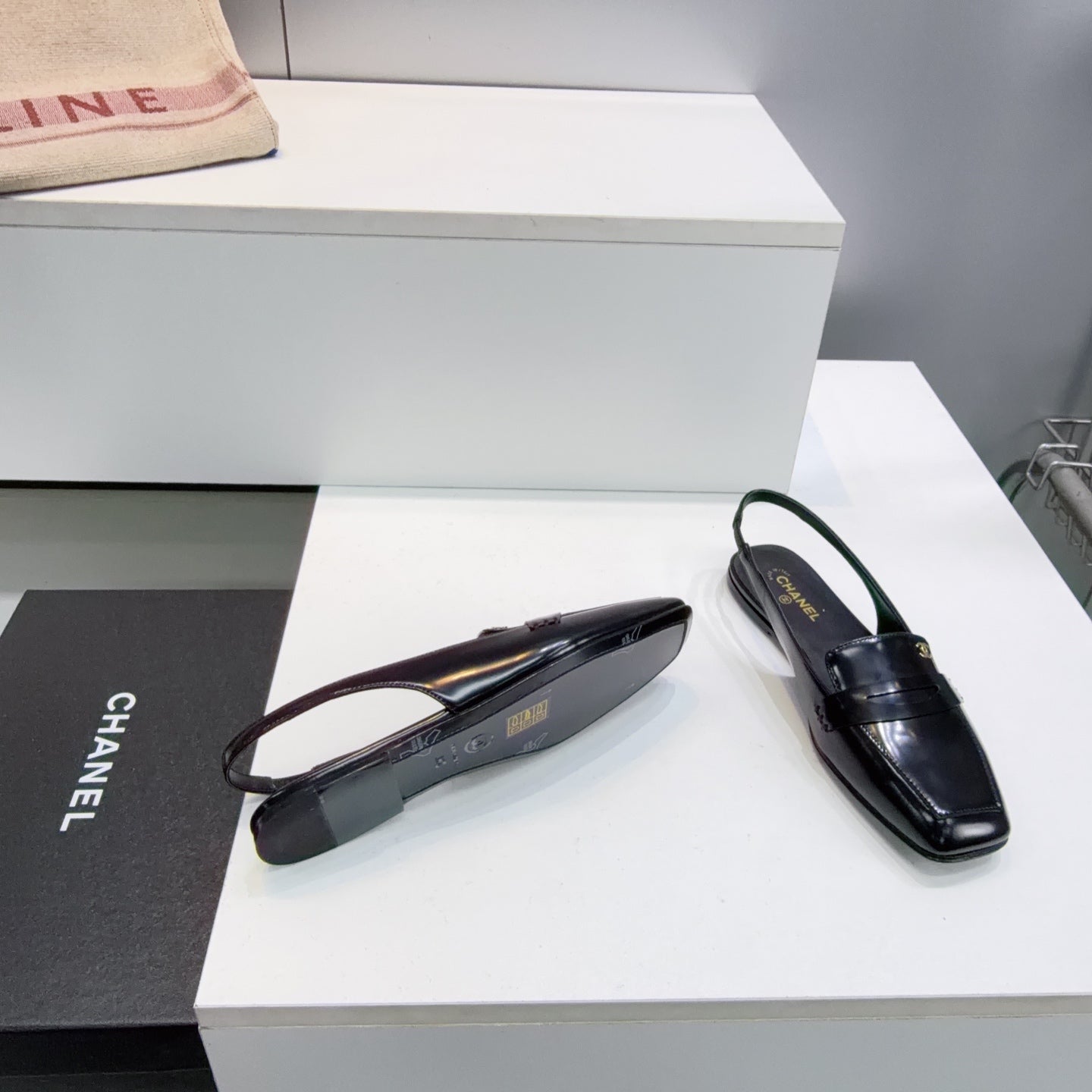 CHANEL 26S SLINGBACK FLATS IN BLACK PATENT LAMBSKIN
