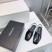 CHANEL 26S SLINGBACK FLATS IN BLACK PATENT LAMBSKIN