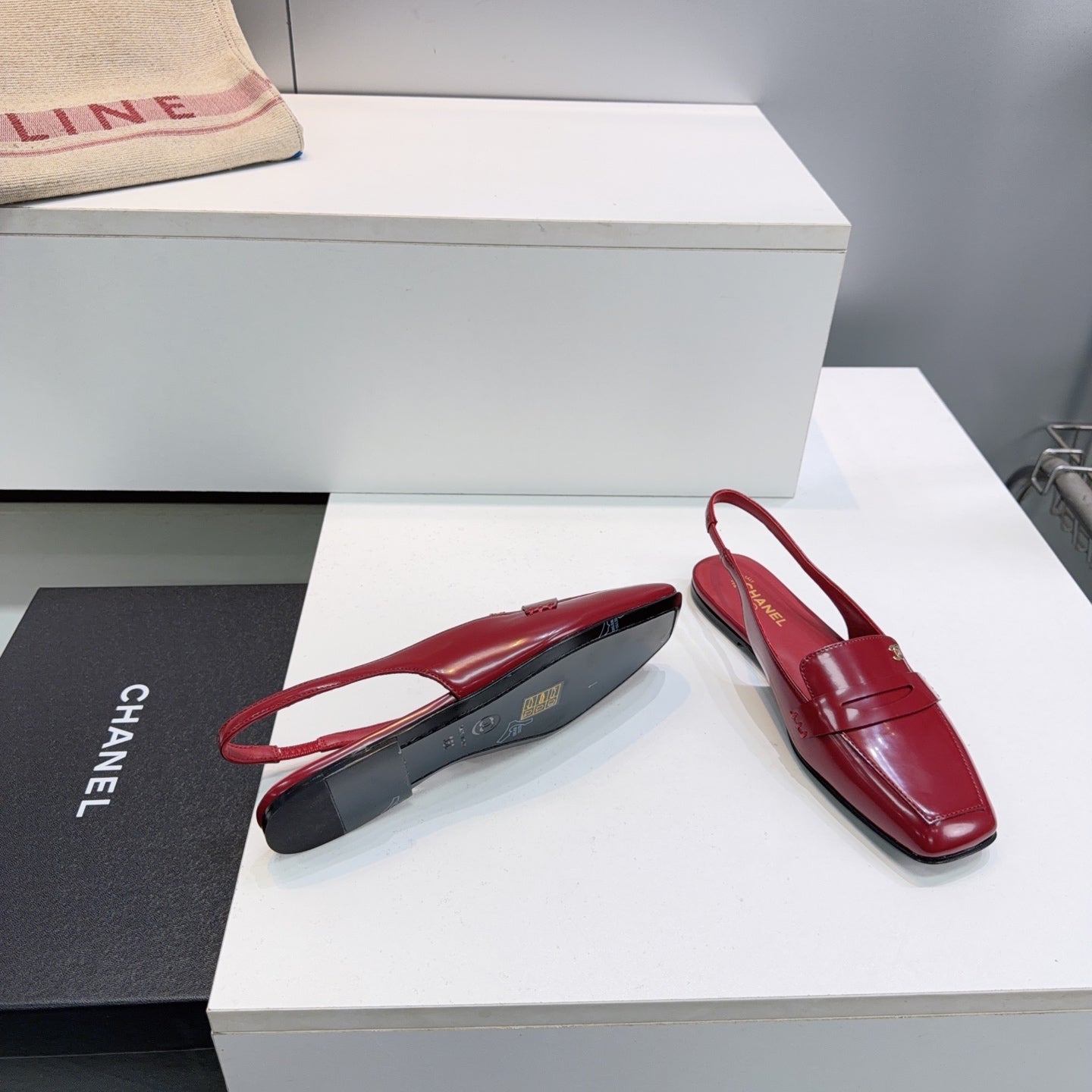 CHANEL 26S SLINGBACK FLATS IN BURGUNDY PATENT LAMBSKIN