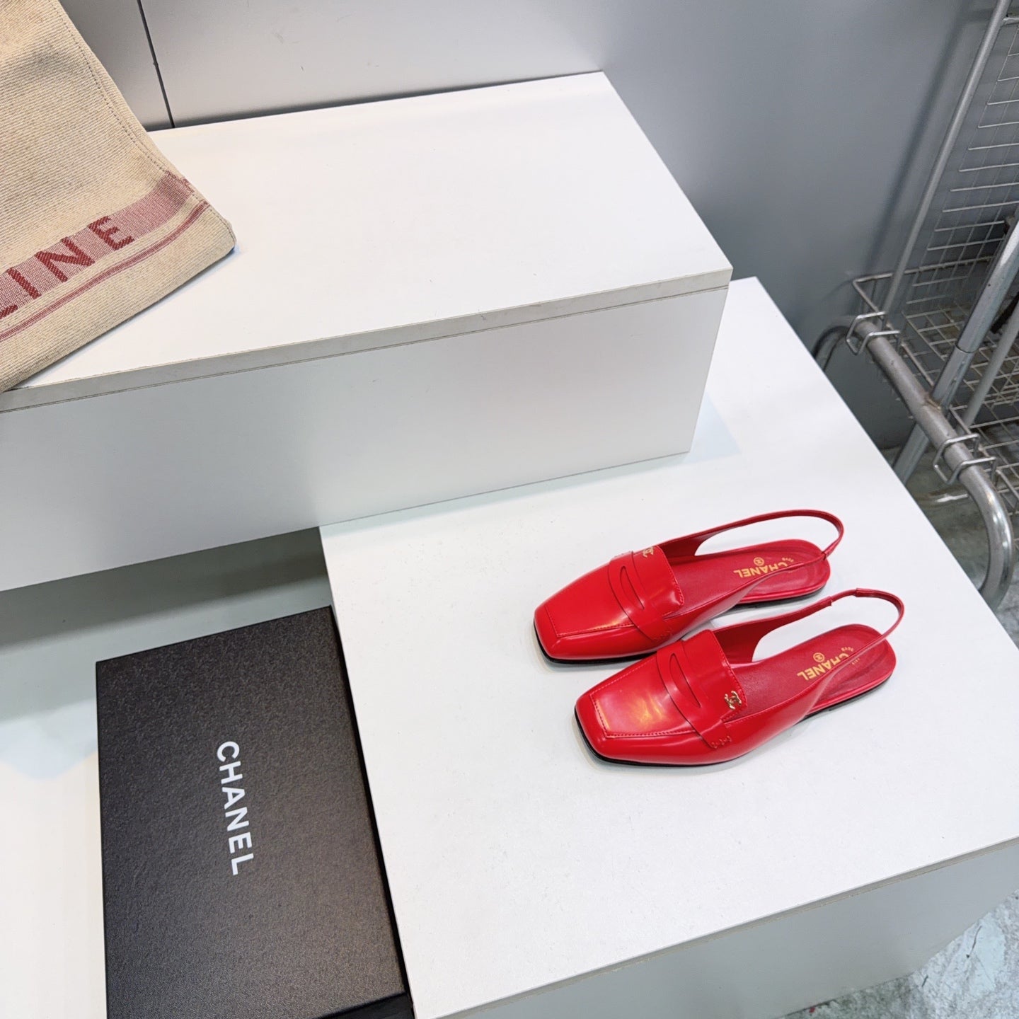 CHANEL 26S SLINGBACK FLATS IN DARK RED PATENT LAMBSKIN