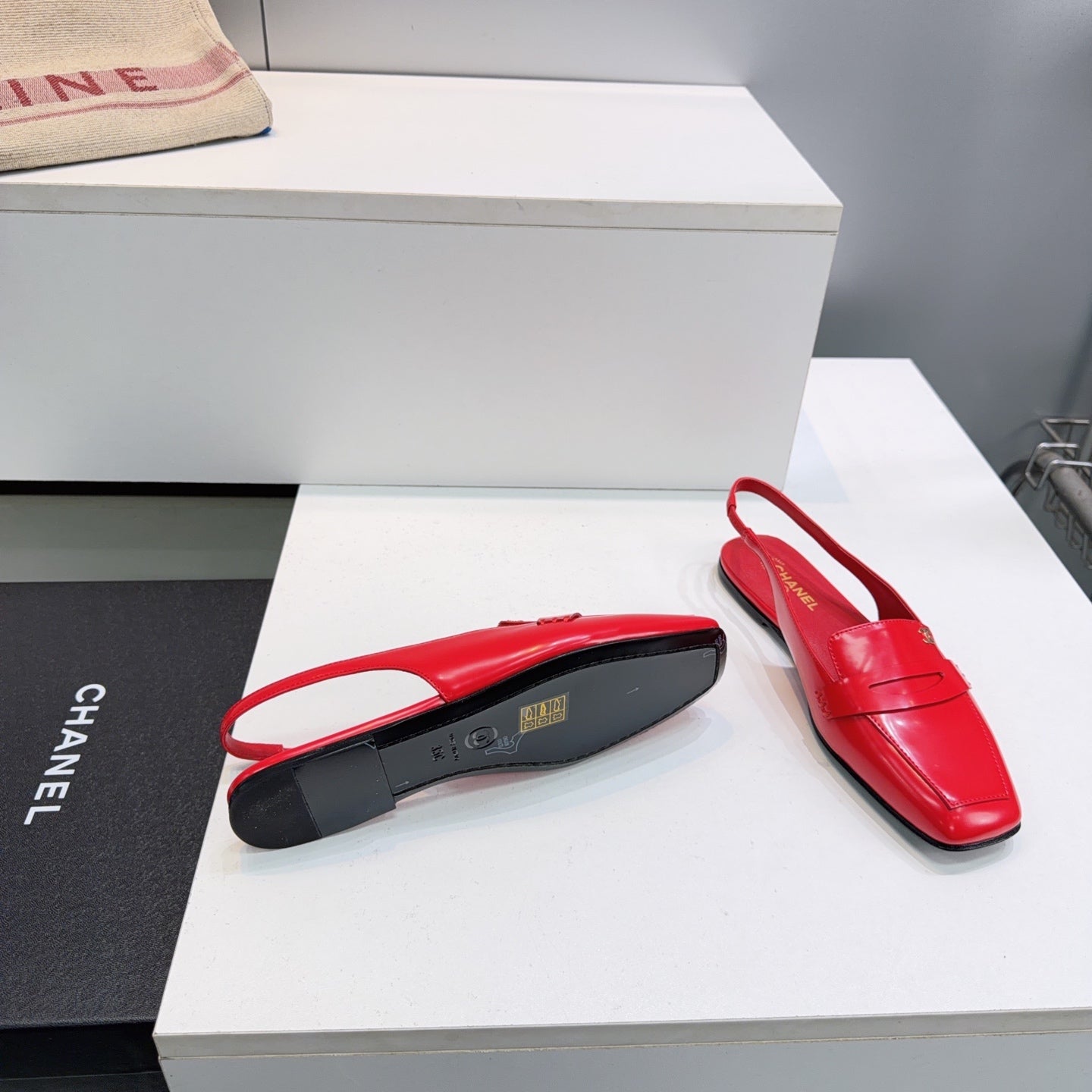 CHANEL 26S SLINGBACK FLATS IN DARK RED PATENT LAMBSKIN