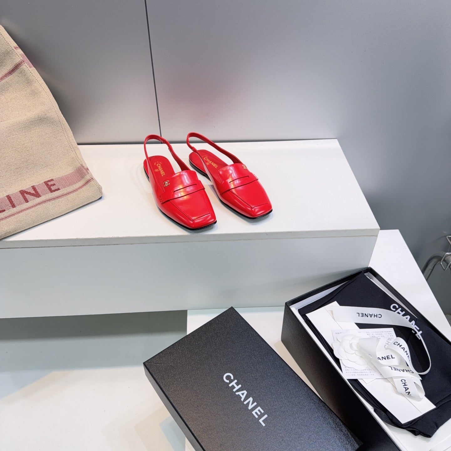 CHANEL 26S SLINGBACK FLATS IN DARK RED PATENT LAMBSKIN