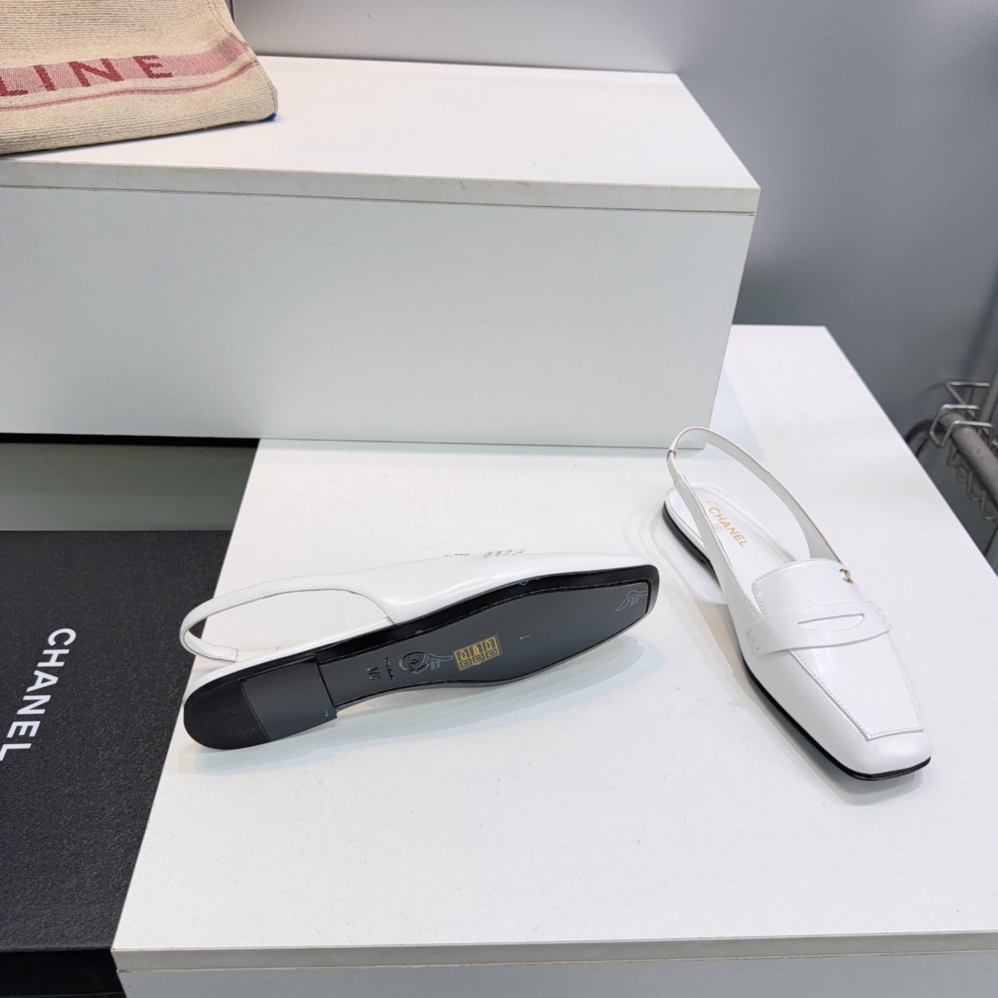 CHANEL 26S SLINGBACK FLATS IN WHITE PATENT LAMBSKIN
