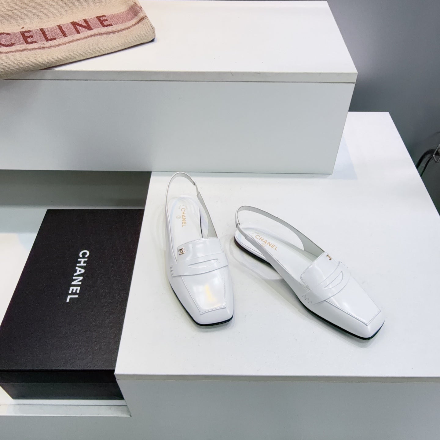 CHANEL 26S SLINGBACK FLATS IN WHITE PATENT LAMBSKIN