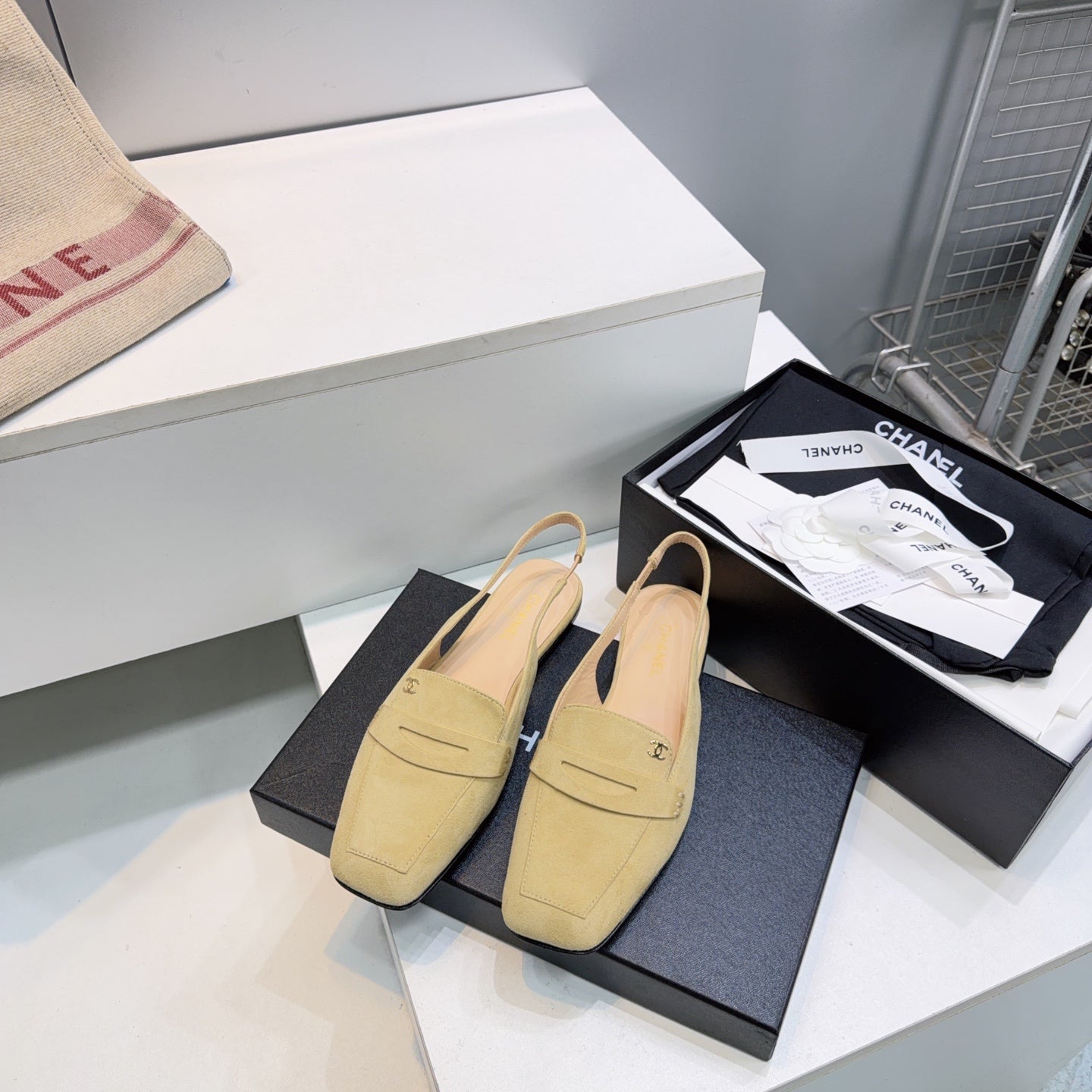 CHANEL 26S SLINGBACK FLATS IN BEIGE SUEDE