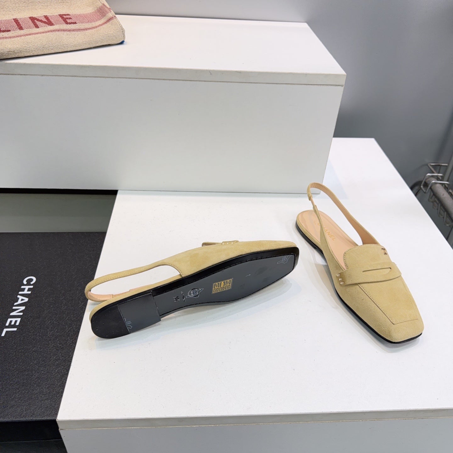 CHANEL 26S SLINGBACK FLATS IN BEIGE SUEDE