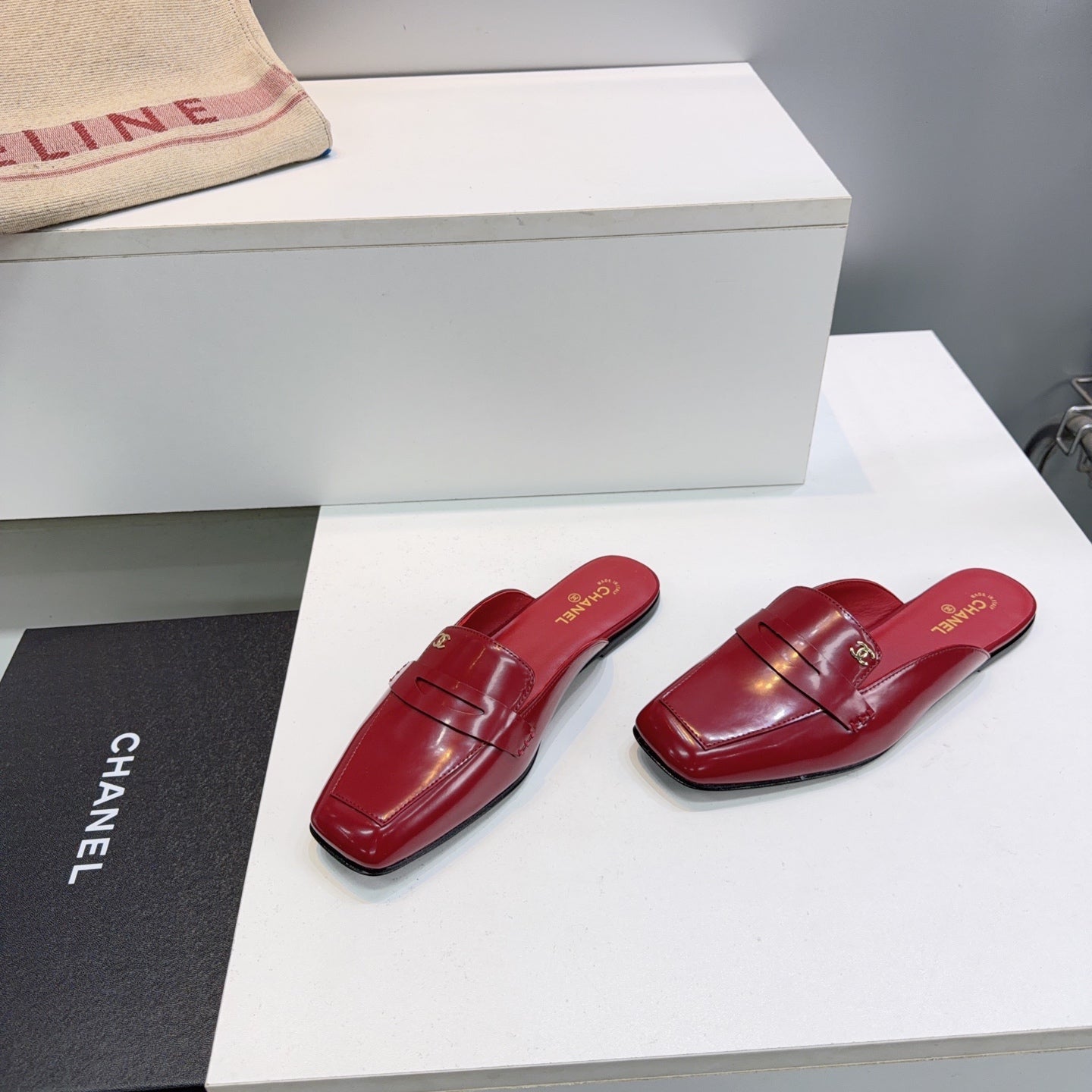 CHANEL 26S LOAFER MULES IN BURGUNDY PATENT LAMBSKIN