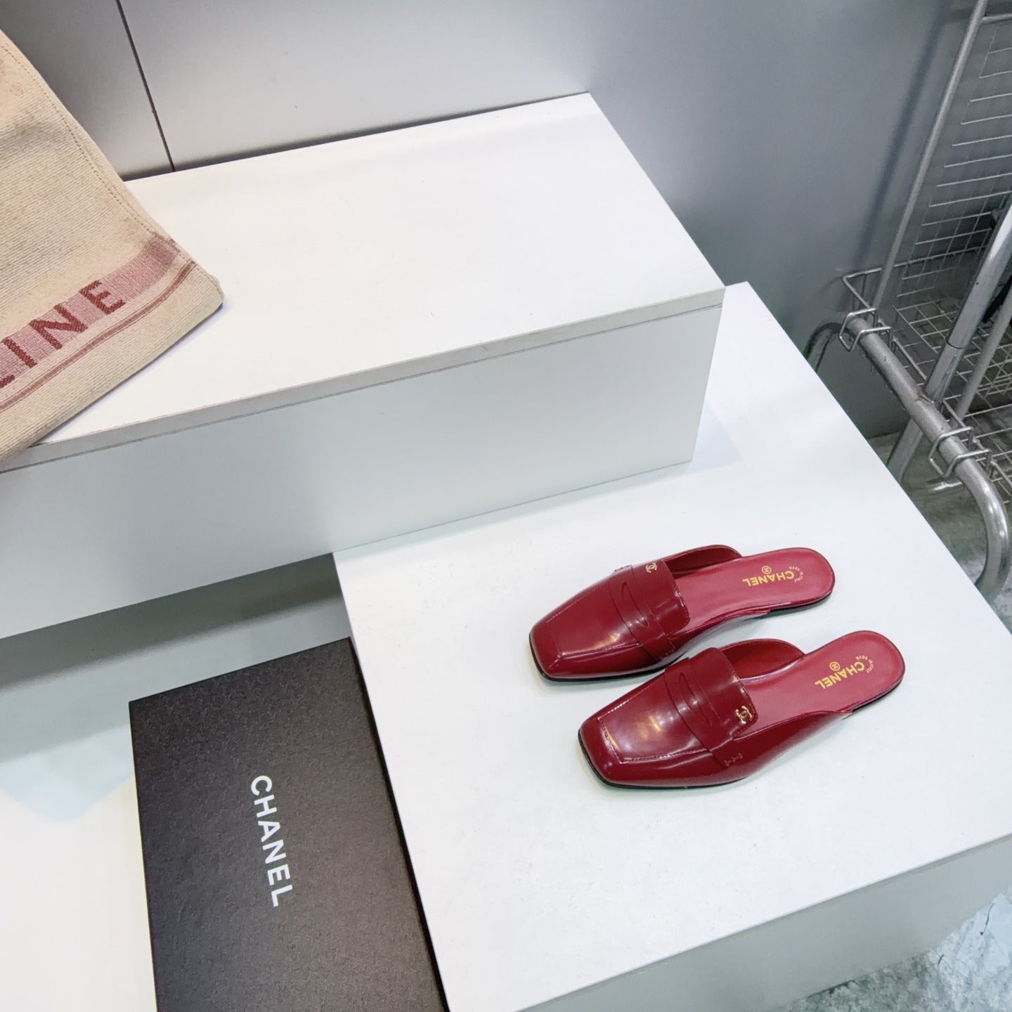 CHANEL 26S LOAFER MULES IN BURGUNDY PATENT LAMBSKIN