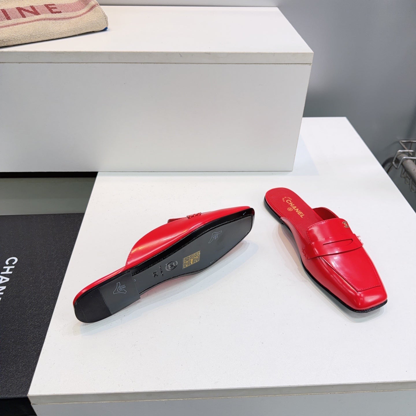 CHANEL 26S LOAFER MULES IN DARK RED PATENT LAMBSKIN