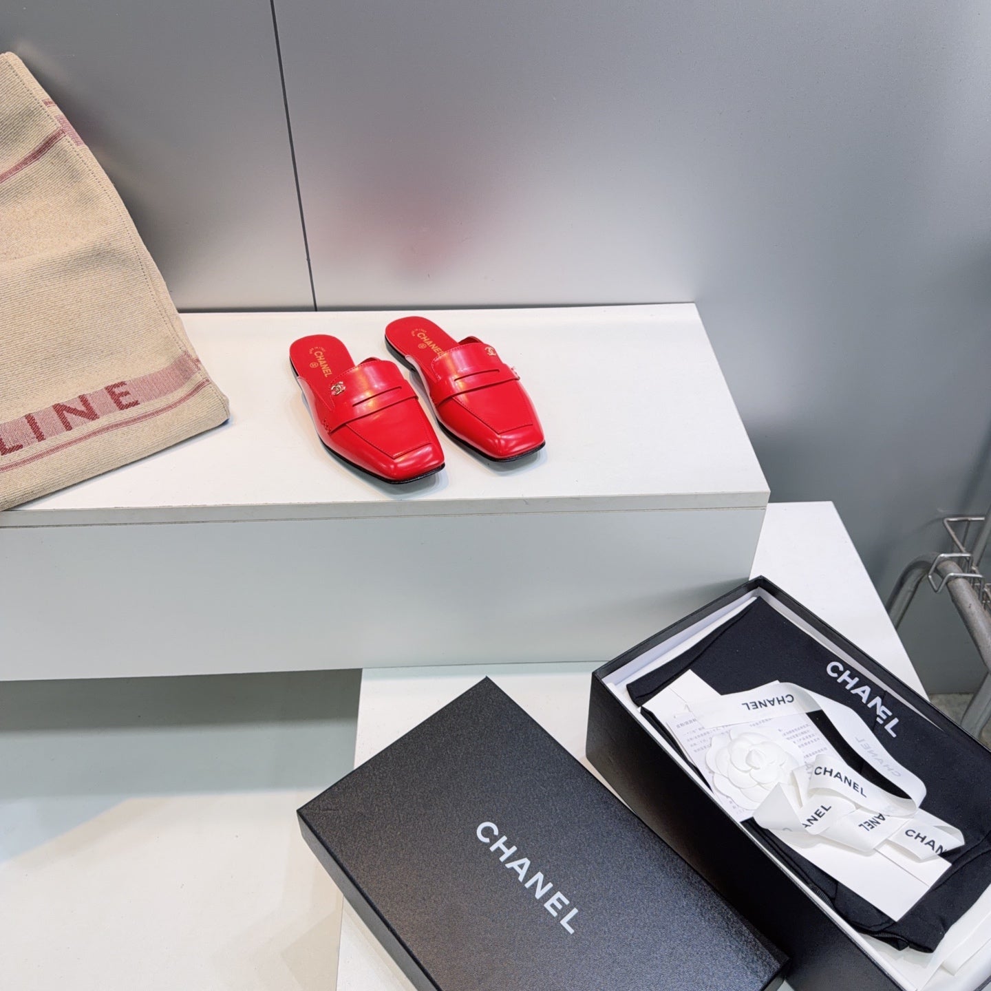 CHANEL 26S LOAFER MULES IN DARK RED PATENT LAMBSKIN