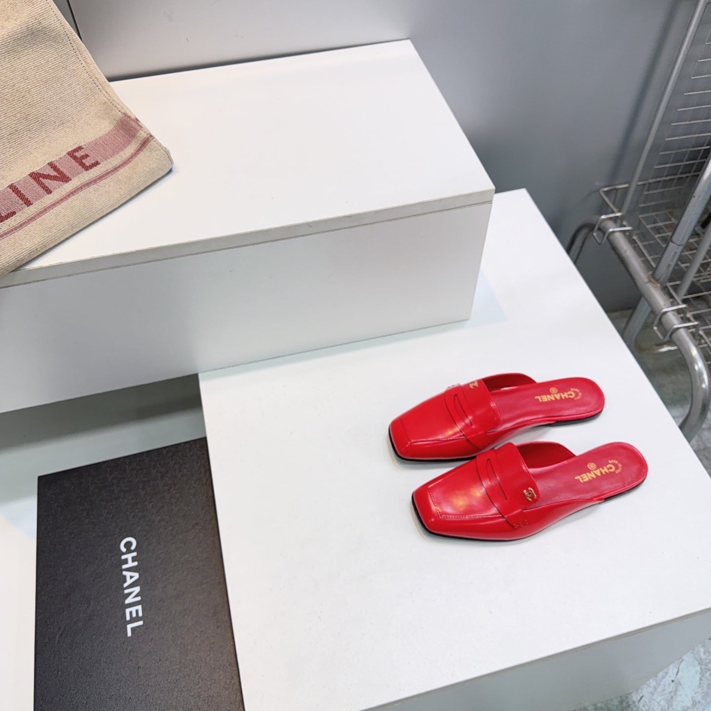 CHANEL 26S LOAFER MULES IN DARK RED PATENT LAMBSKIN