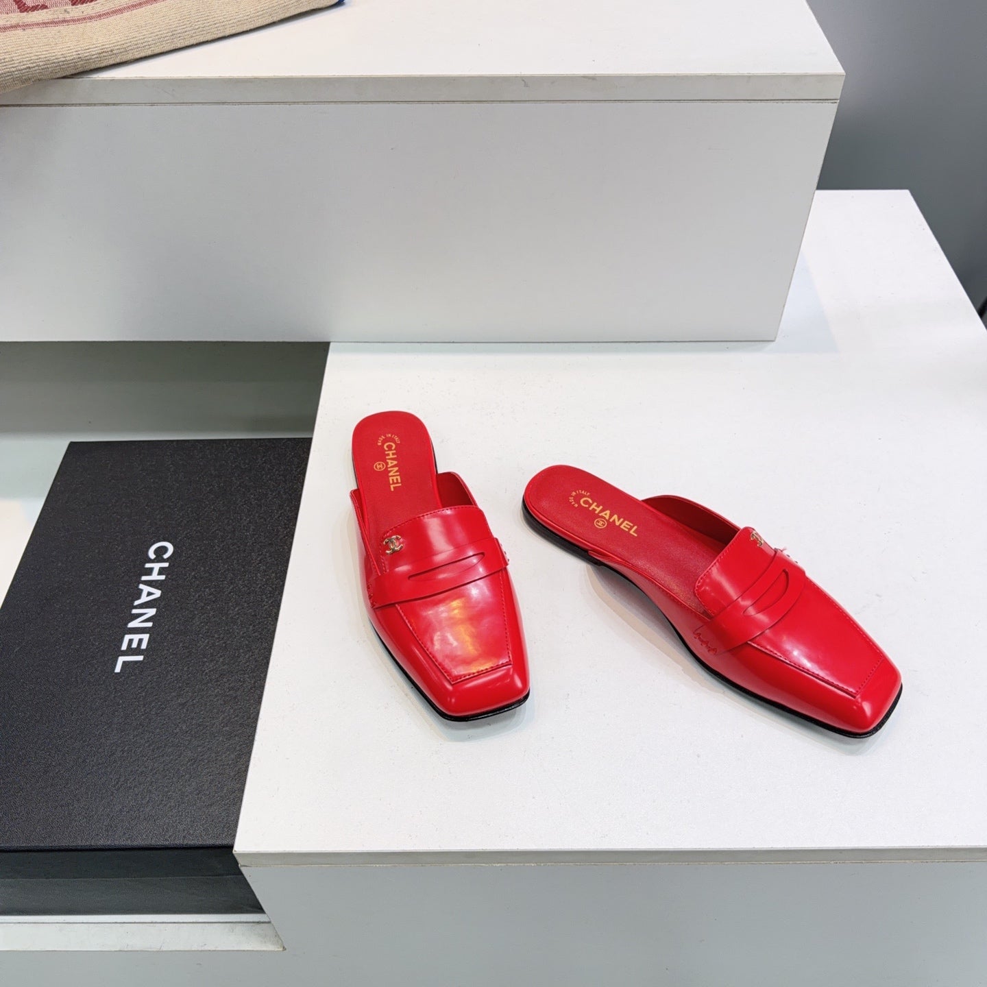 CHANEL 26S LOAFER MULES IN DARK RED PATENT LAMBSKIN