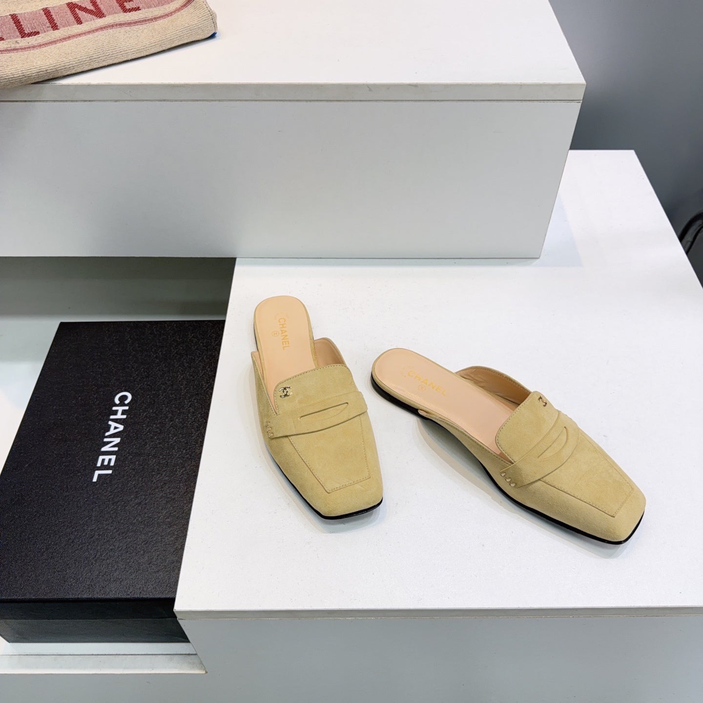 CHANEL 26S LOAFER MULES IN BEIGE SUEDE