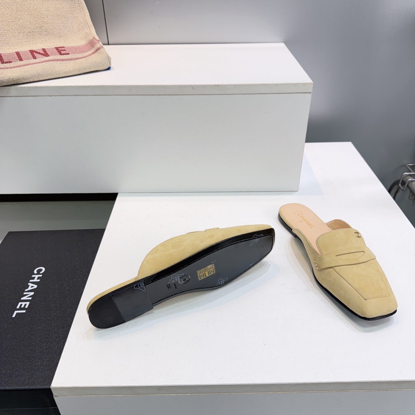 CHANEL 26S LOAFER MULES IN BEIGE SUEDE
