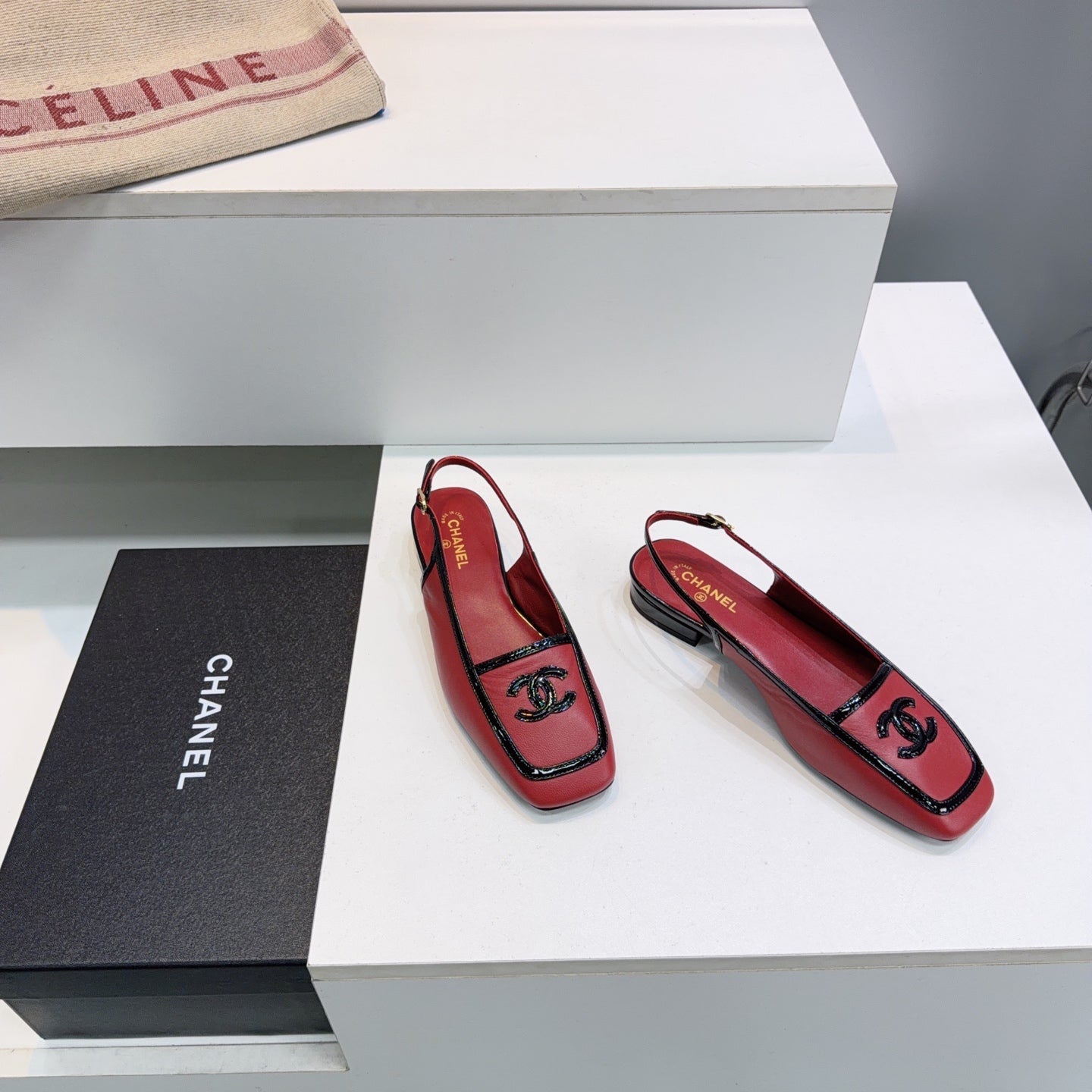 CHANEL 26S SLINGBACK FLATS IN RED CALFSKIN WITH BLACK PATENT