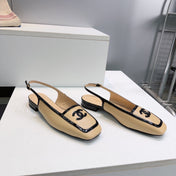 CHANEL 26S SLINGBACK FLATS IN BEIGE CALFSKIN WITH BLACK PATENT