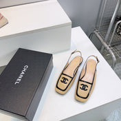 CHANEL 26S SLINGBACK FLATS IN BEIGE CALFSKIN WITH BLACK PATENT