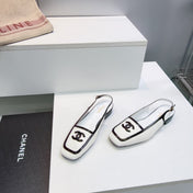 CHANEL 26S SLINGBACK FLATS IN WHITE CALFSKIN WITH BLACK PATENT