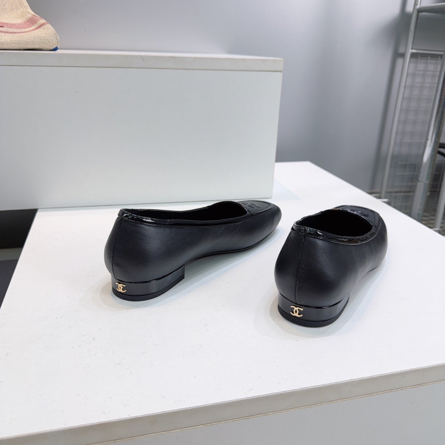 CHANEL 26S SQUARE TOE FLATS IN BLACK CALFSKIN