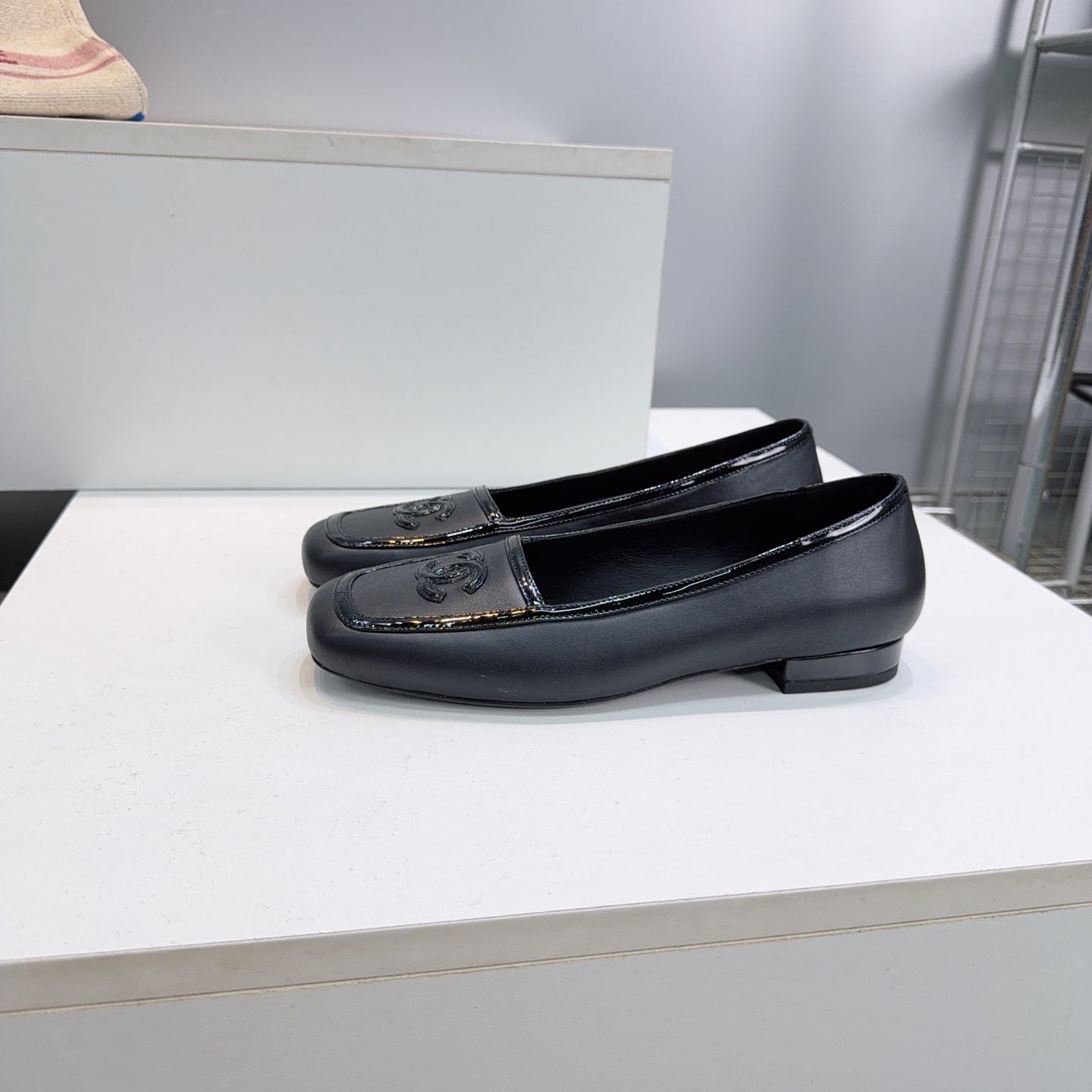 CHANEL 26S SQUARE TOE FLATS IN BLACK CALFSKIN