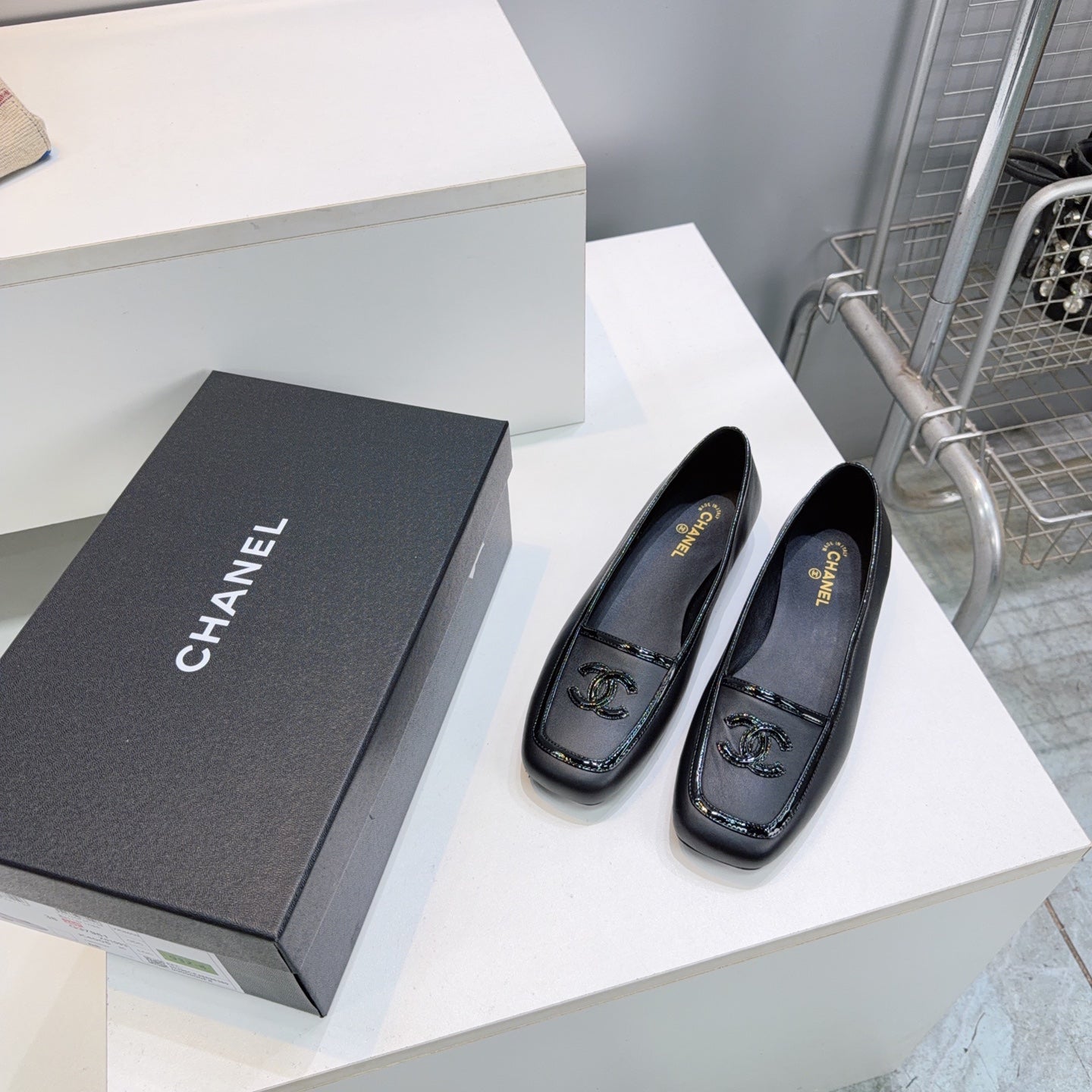 CHANEL 26S SQUARE TOE FLATS IN BLACK CALFSKIN