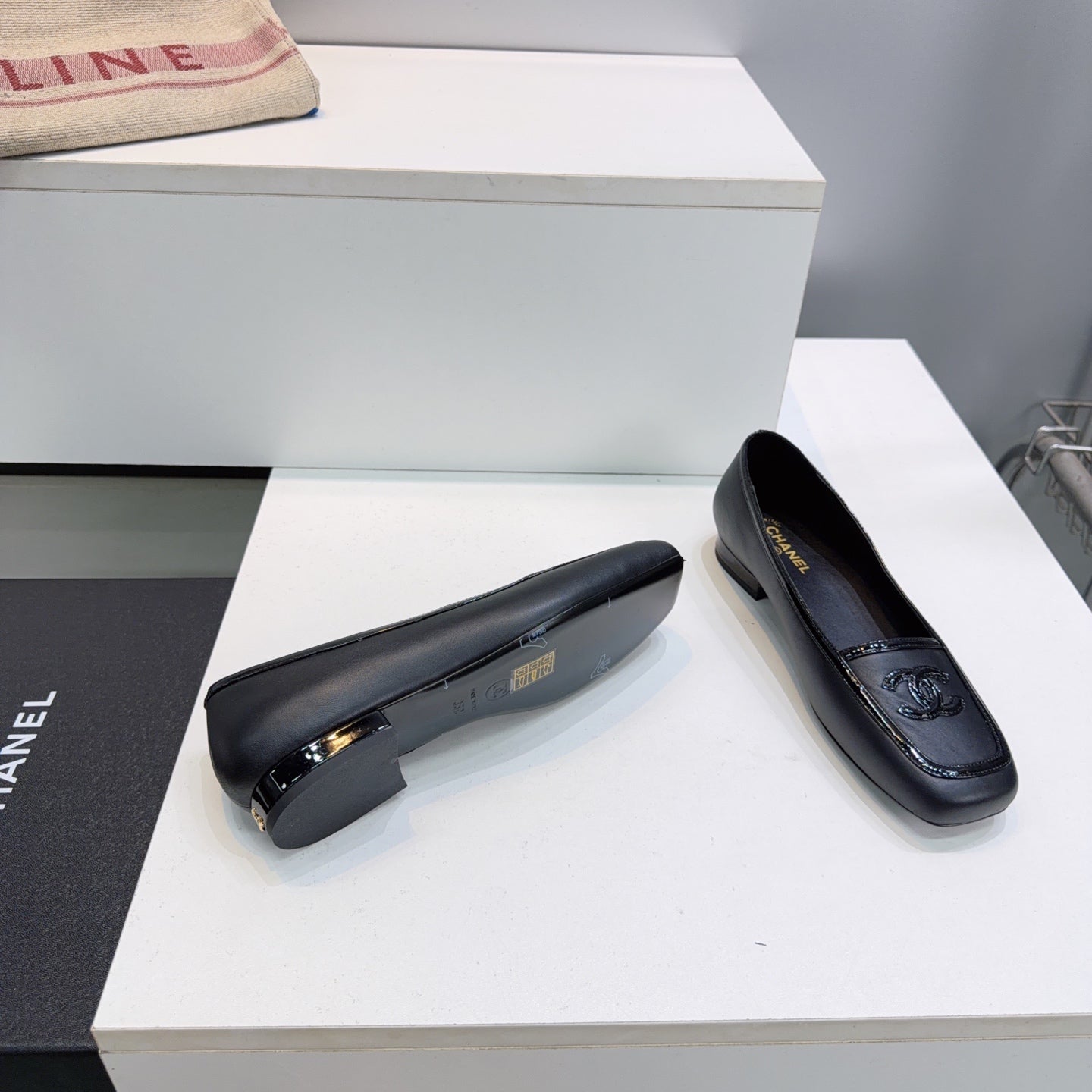 CHANEL 26S SQUARE TOE FLATS IN BLACK CALFSKIN