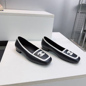 CHANEL 26S SQUARE TOE FLATS IN BLACK CALFSKIN WITH WHITE PATENT