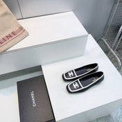 CHANEL 26S SQUARE TOE FLATS IN BLACK CALFSKIN WITH WHITE PATENT