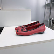 CHANEL 26S SQUARE TOE FLATS IN RED CALFSKIN WITH BLACK PATENT