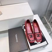 CHANEL 26S SQUARE TOE FLATS IN RED CALFSKIN WITH BLACK PATENT