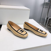 CHANEL 26S SQUARE TOE FLATS IN BEIGE CALFSKIN WITH BLACK PATENT