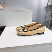 CHANEL 26S SQUARE TOE FLATS IN BEIGE CALFSKIN WITH BLACK PATENT