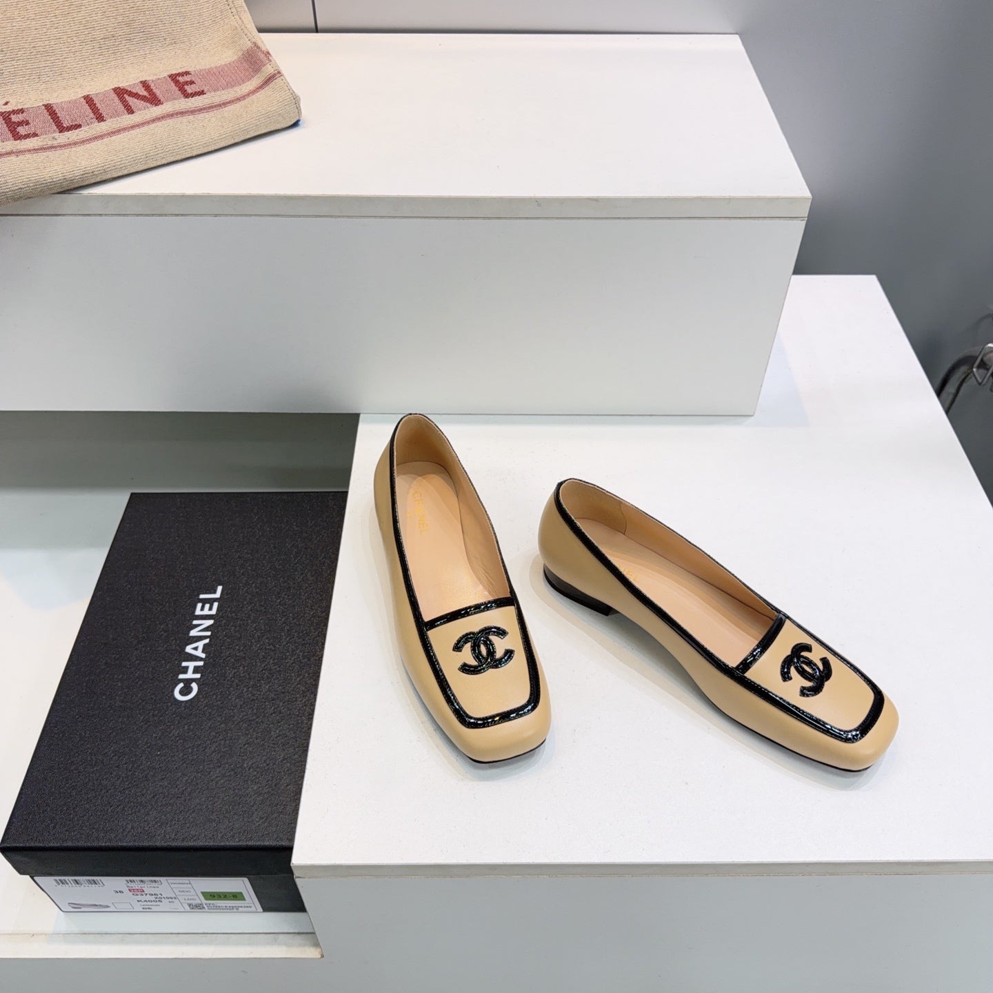 CHANEL 26S SQUARE TOE FLATS IN BEIGE CALFSKIN WITH BLACK PATENT