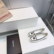 CHANEL 26S SQUARE TOE FLATS IN WHITE CALFSKIN WITH BLACK PATENT