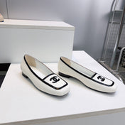 CHANEL 26S SQUARE TOE FLATS IN WHITE CALFSKIN WITH BLACK PATENT