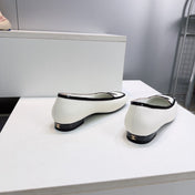 CHANEL 26S SQUARE TOE FLATS IN WHITE CALFSKIN WITH BLACK PATENT