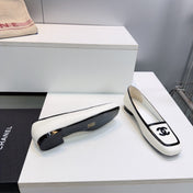 CHANEL 26S SQUARE TOE FLATS IN WHITE CALFSKIN WITH BLACK PATENT