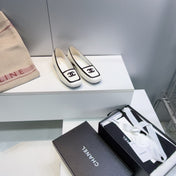 CHANEL 26S SQUARE TOE FLATS IN WHITE CALFSKIN WITH BLACK PATENT