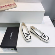 CHANEL 26S SQUARE TOE FLATS IN WHITE CALFSKIN WITH BLACK PATENT