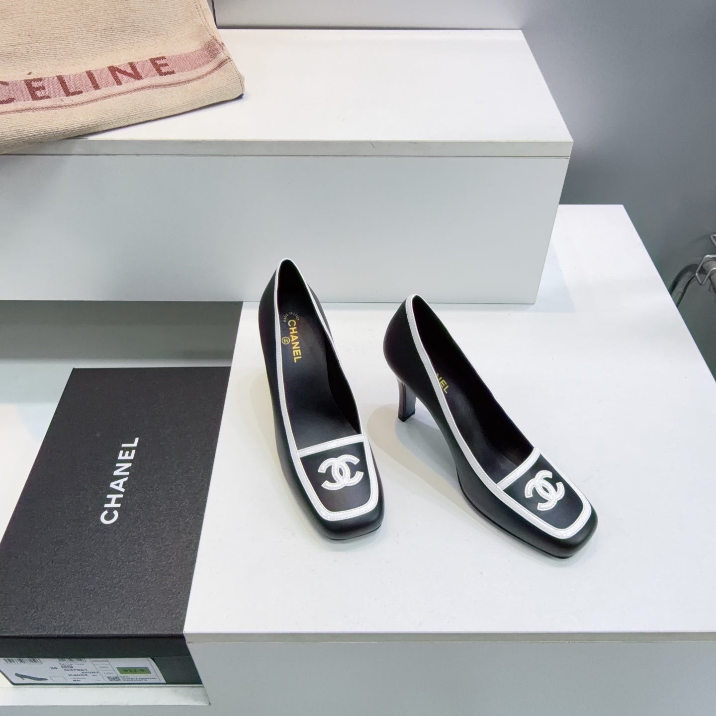 CHANEL 26S HIGH HEEL PUMPS 85 MM IN BLACK CALFSKIN WITH WHITE PATENT